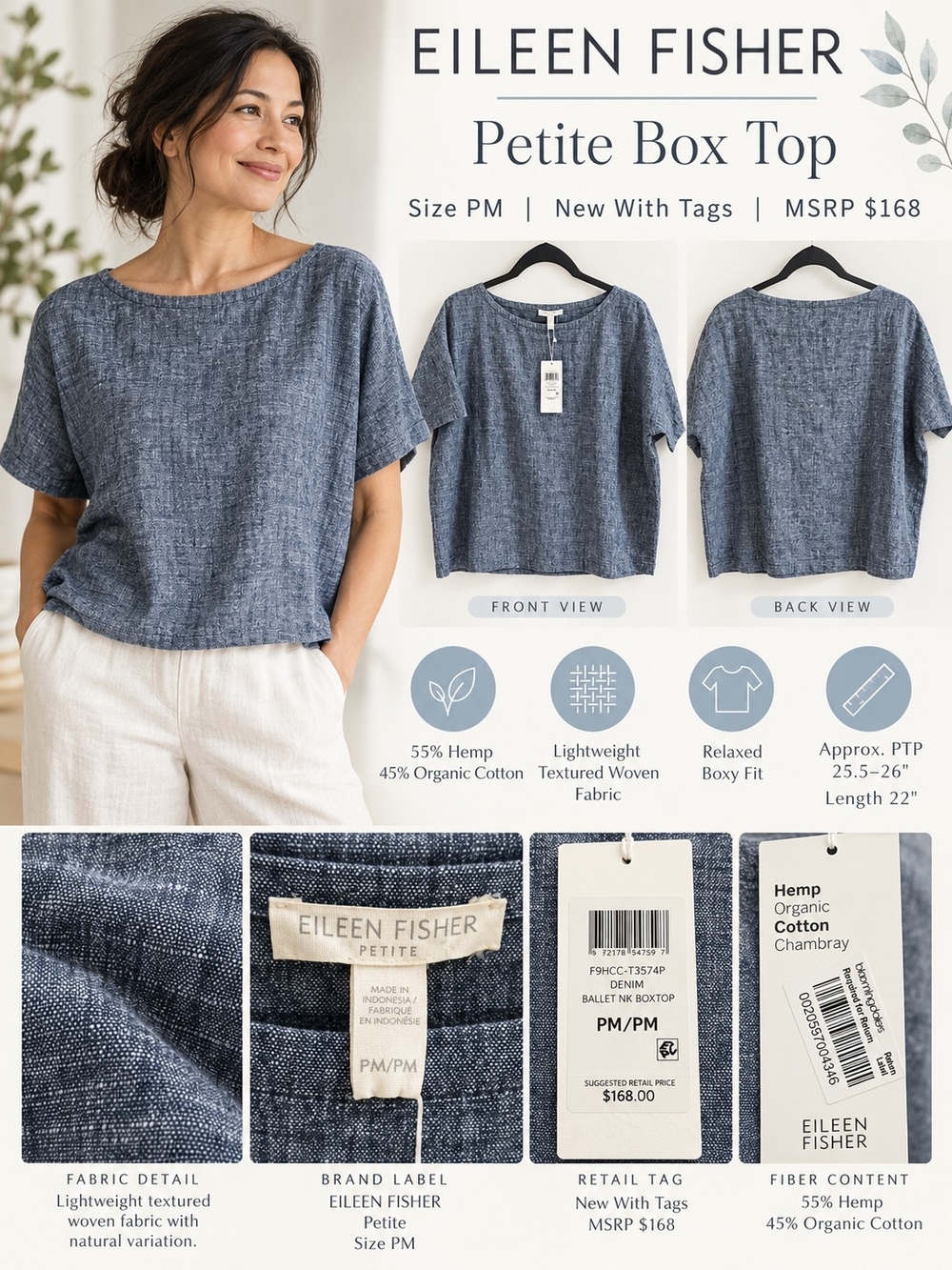 Eileen Fisher Petite Hemp Organic Cotton Box Top PM NWT MSRP $168